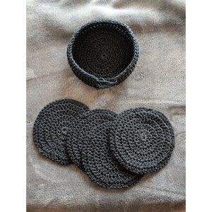 Handmade Black 100% Cotton Crochet Coaster Set With Storage Basket